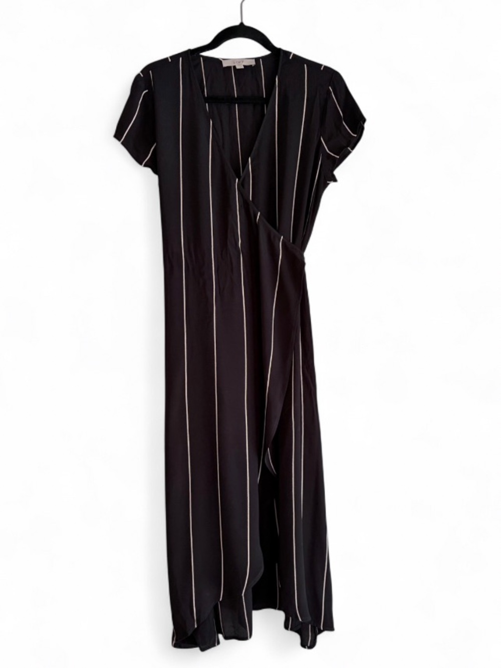 Loft Black and White Stripe Short Sleeve V Neck Wrap Front Midi Dress Size M